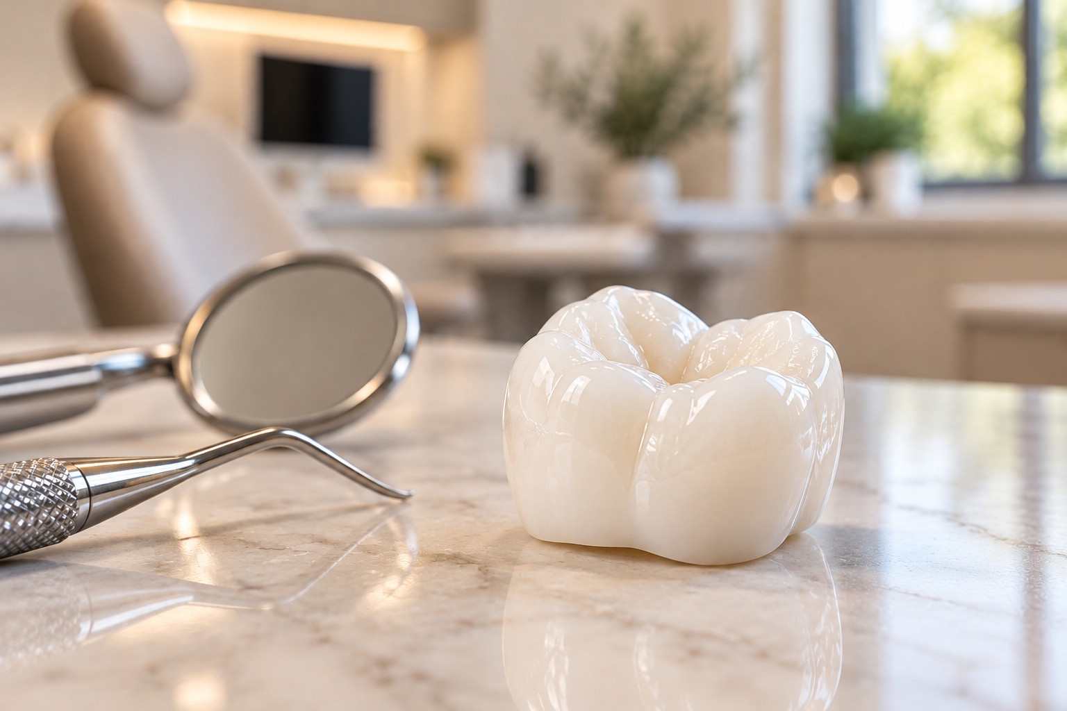 Porcelain dental crown on a marble counter beside a dental mirror and explorer